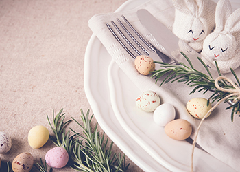 Easter table setting copyspace background, selective focus, toning
