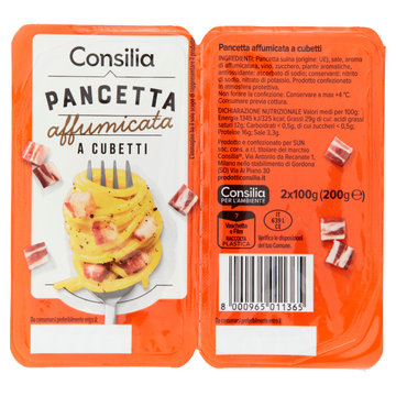 Consilia Pancetta Affumicata a Cubetti in Confezioni Salvafreschezza 2x100 g