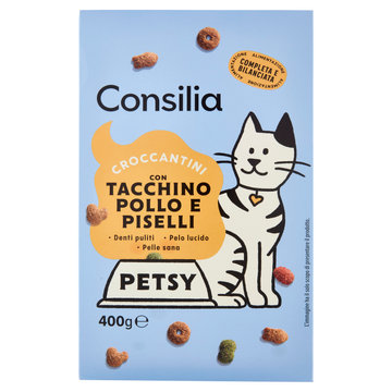Consilia Petsy Gatto Croccantini con Tacchino, Pollo e Piselli 400 g